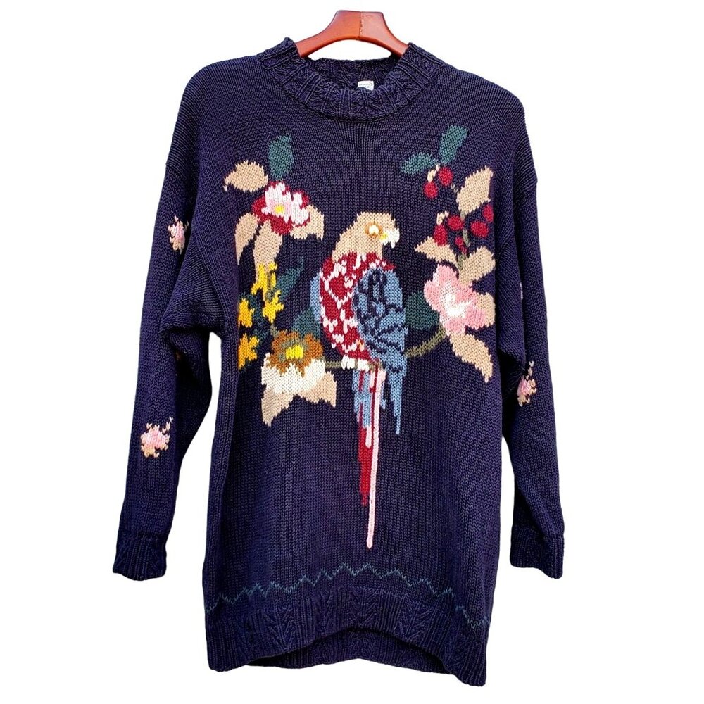 80s Sweater Plus Size Black Knit Parrot Tarazzia Cotton Volup Vintage Hong Kong - Picture 13 of 15